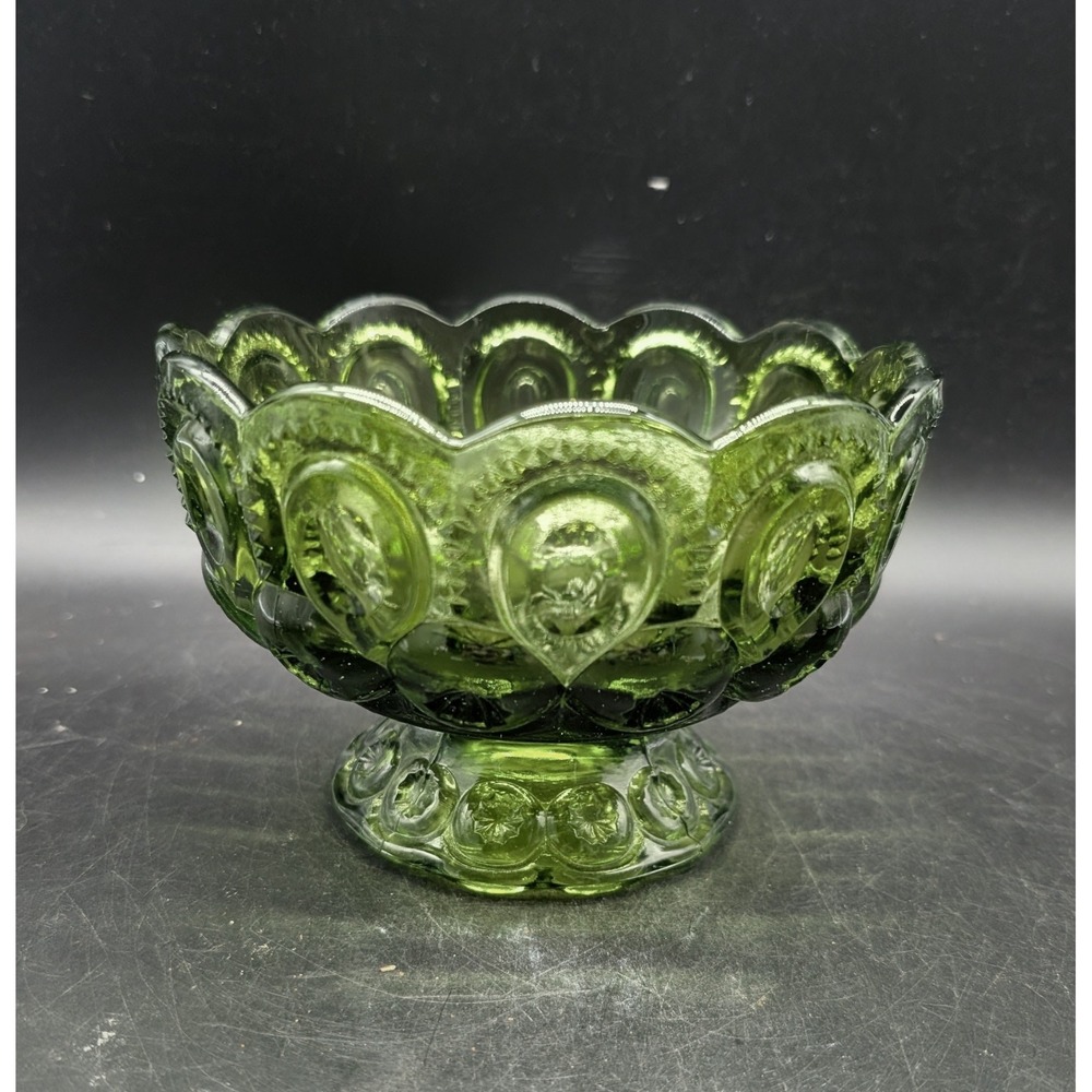 LE Smith Moon and Star Green Glass Compote Footed Candy Dish Vintage MCM Bowl